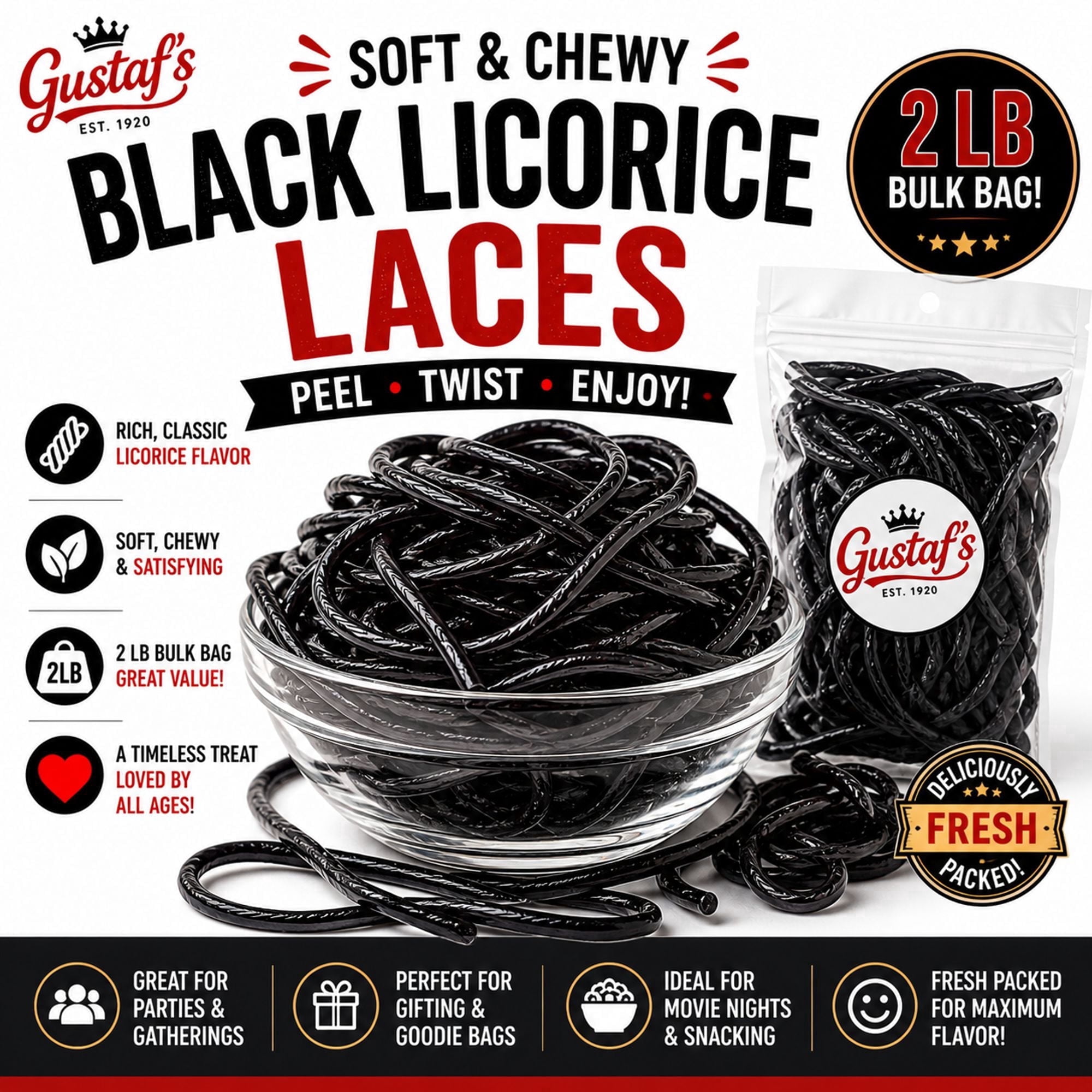 Gerrit’s Black Licorice Laces – 2 lb Bulk Candy