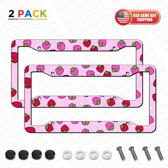2x Universal Pink Strawberry Aluminum License Plate Frame Cover Decorate Gift