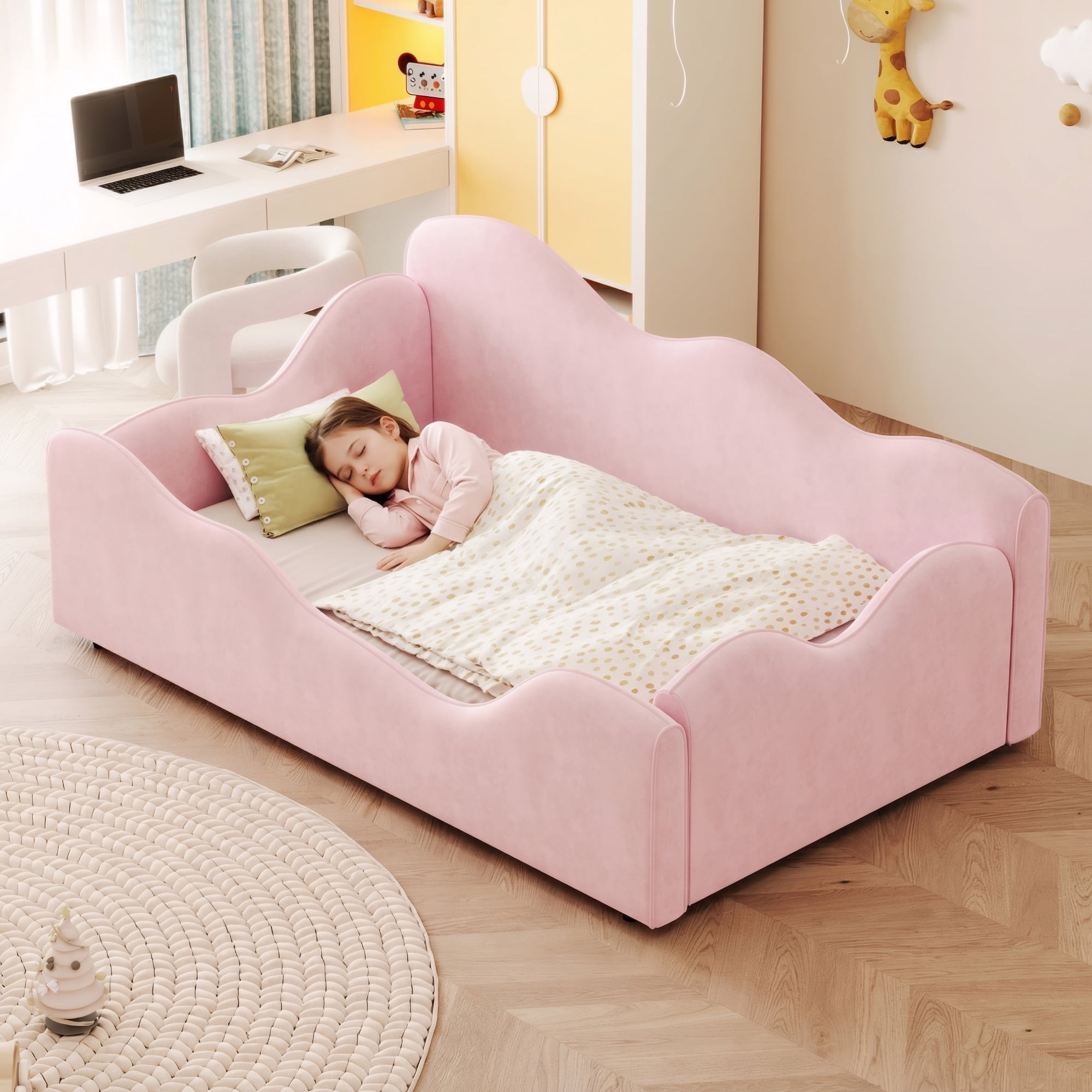 Euroco Upholstery Toddler Floor Bed with Guardrails, Pink