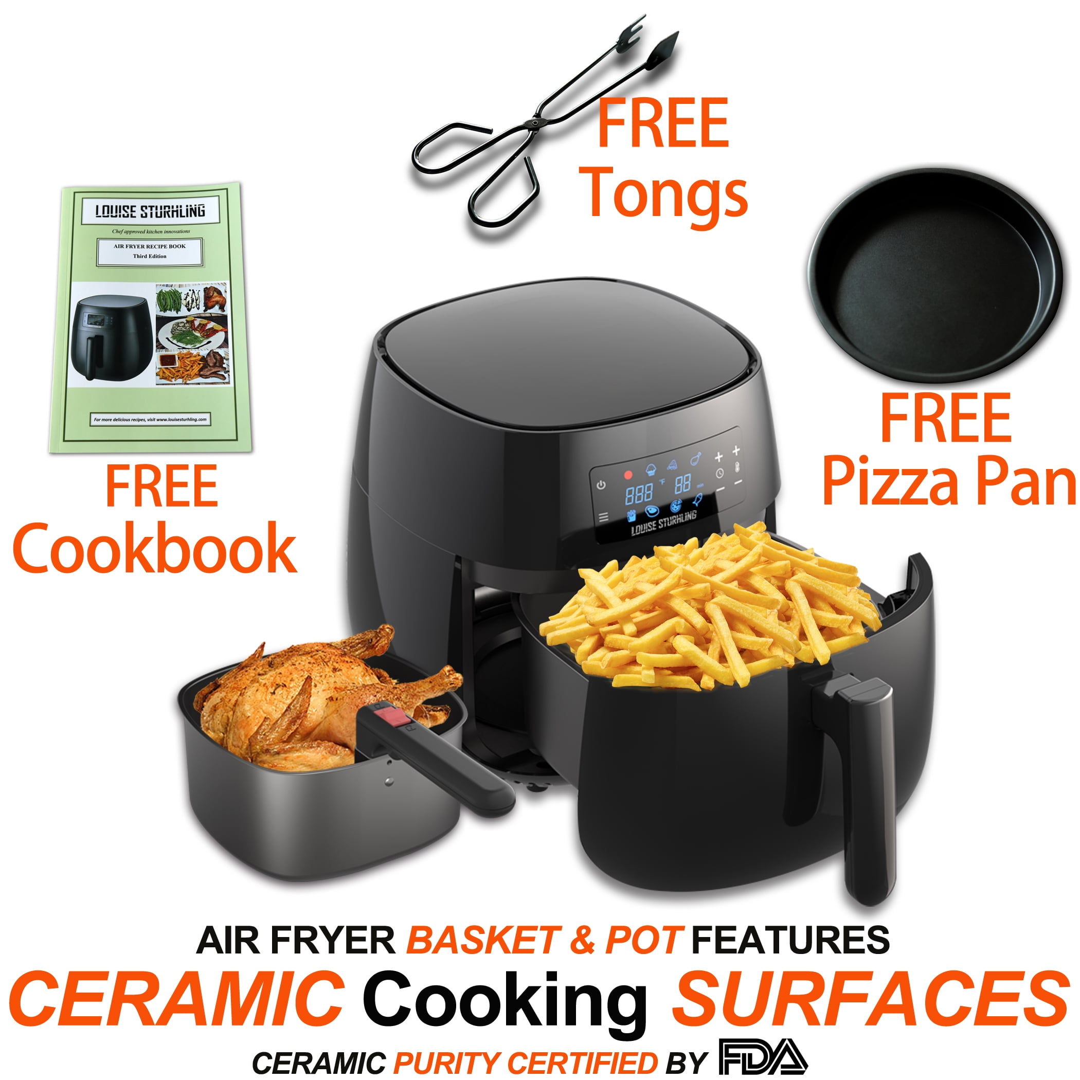 LOUISE STURHLING All-Natural Healthy Ceramic Coated 4.0L Air Fryer.  BPA-FREE, PFOS & PFOA-FREE, 7-in-1 Pre-programmed One-touch Settings,  Exclusive BONUS Items - FREE COOKBOOK, TONGS & PIZZA PAN – Walmart  Inventory Checker –
