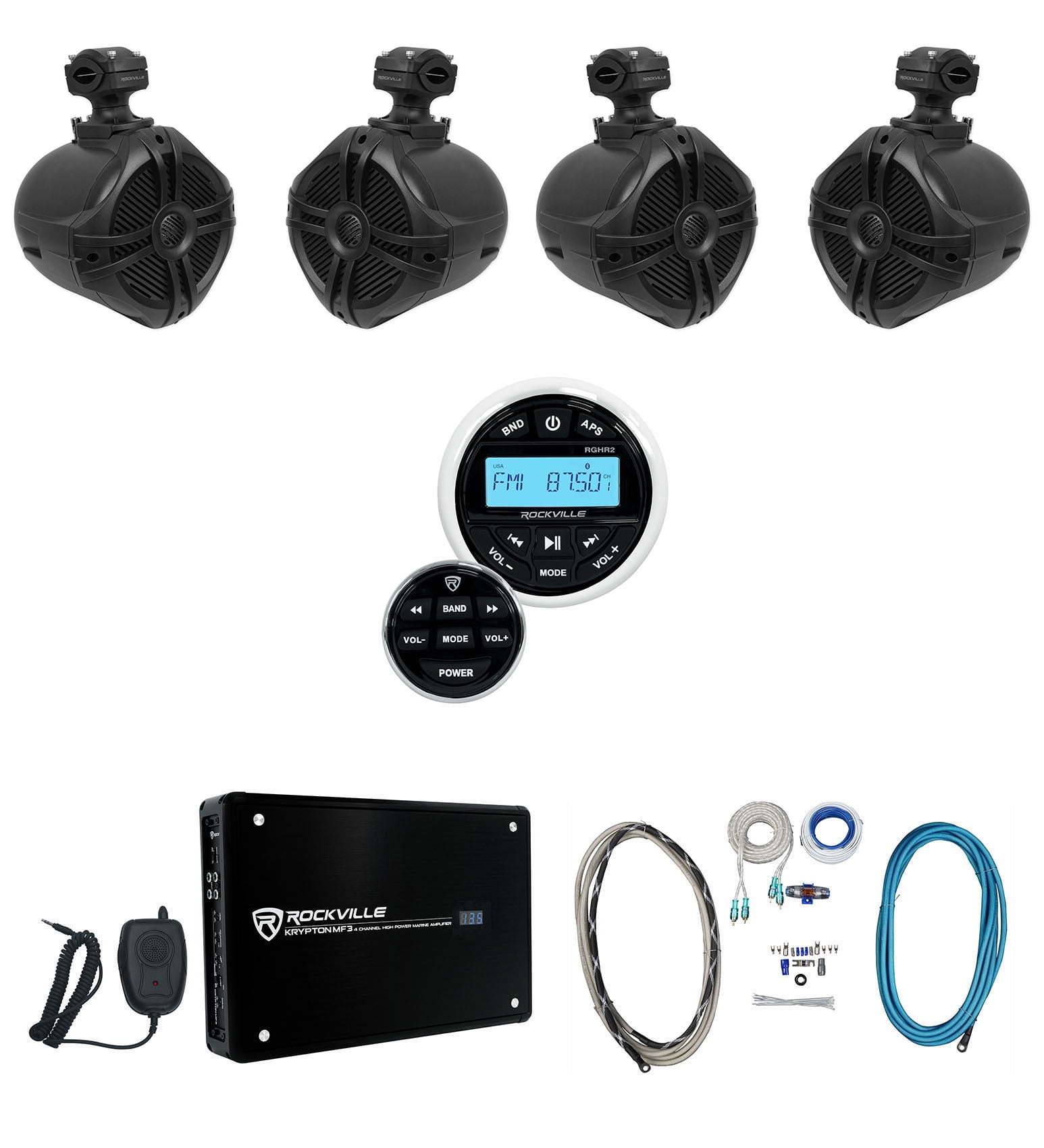 Rockville RGHR2 Marine Bluetooth Receiver+Remote+(4) 6.5" Wakeboards+4