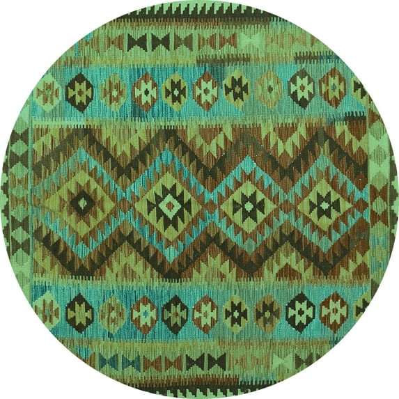 Ahgly Company Machine Washable Indoor Round Oriental Turquoise Blue Traditional Area Rugs, 6' Round