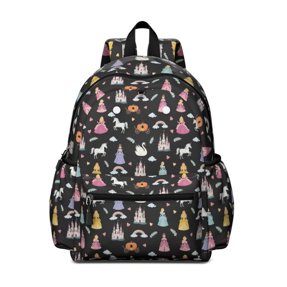 Princess and Carriage Black Pattern Cute School Backpack with Padded Back and Adjustable Shoulder Straps 13.4"x11"x4.7"