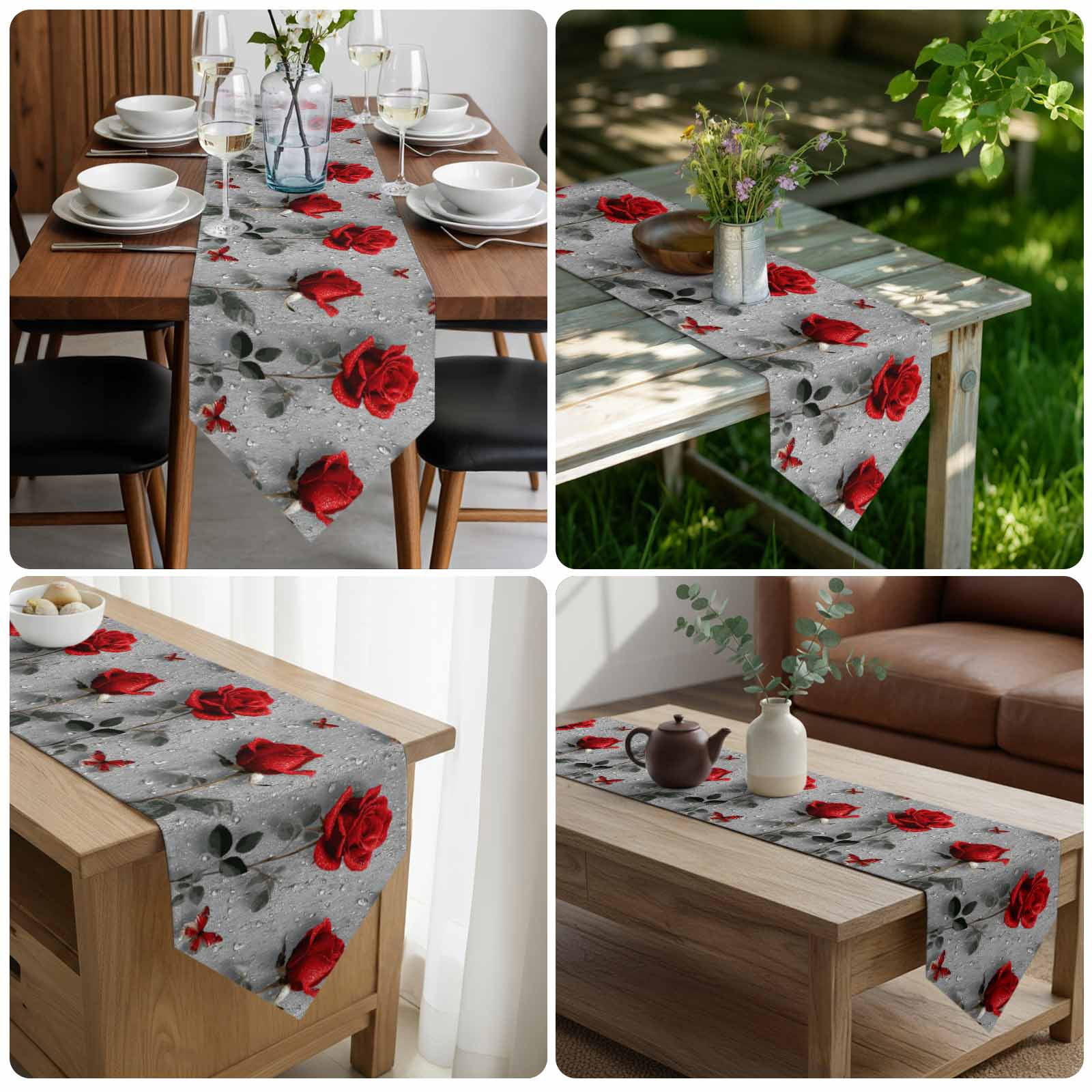 Red Roses Table Runner Linen Burlap Table Runner 90 Inches Long Valentine's Day Butterflies Floral Romantic Gray Dresser Scarves for Kitchen Island Coffee Dining Party Wedding Holiday Decor 13"x90"