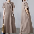 thumbnail image 2 of QQAMB Women's Dresses Button Down Lapel Collar Linen Midi Dress Casual Short Sleeve Summer A-Line Tie Waist Shirt Dresses Khaki M, 2 of 7