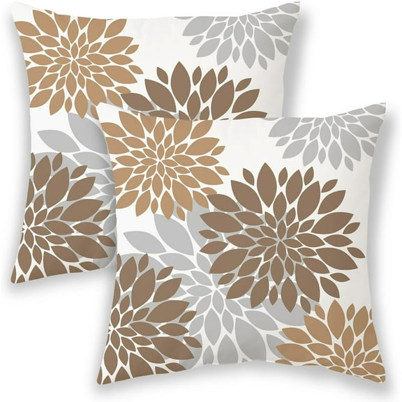 Brown Pillow Covers 18x18 Inch 2 Pcs,Coffee Colored Geometric Dahlia Decorative Throw Pillows,Summer Grey Gray Flower Outdoor Decor Pillowcase Square Cushion Cover Gift for Porch Patio Couch