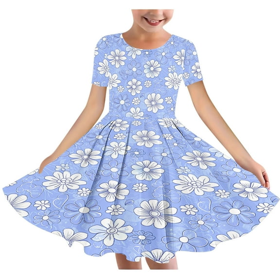 Riecok 6 - 15 Year - Old Girls' Summer Round - Neck Short - Sleeve Floral - Element Dress with Waist - Gathering, Pocket and Layered Look Blue 4-5 Years