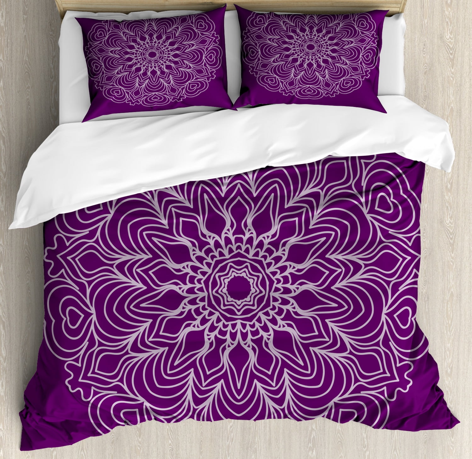 Purple Mandala King Size Duvet Cover Set, Lacework Curlicue Design with