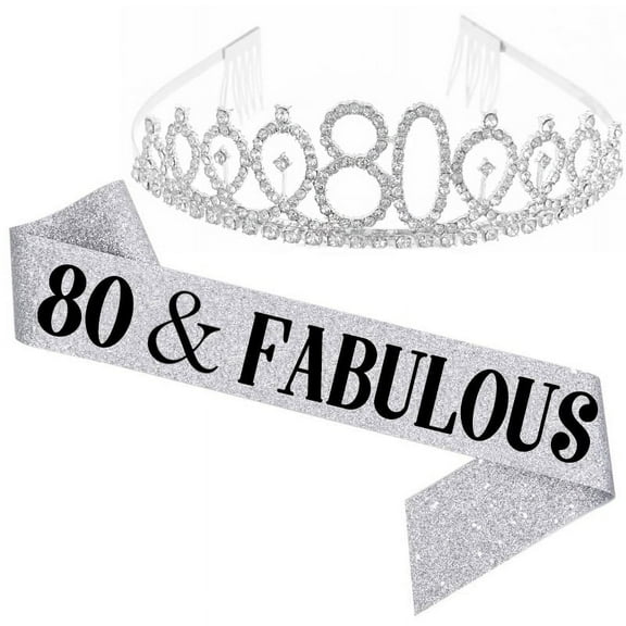 TY"80 and Fabulous" Sash & Rhinestone Tiara Set - 80th Birthday Sash 80 Birthday Gifts Party Favors,silver