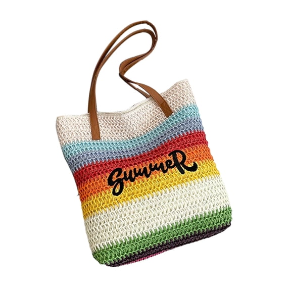TFYZYY Summer Crochet Tote Bag, Large Capacity Beach Travel Bag, Embroidered Letter Woven Straw Shoulder Bag, Lightweight Multi-Color Striped Design for Vacation and Casual Use