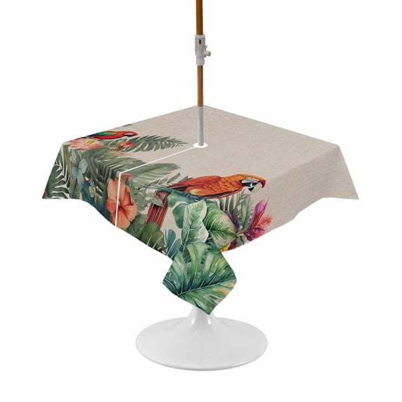 Summer Botanical Square Outdoor Tablecloth, Waterproof Table Cloth Cover with Umbrella Hole and Zipper, Tropical Plants Birds Farmhouse Table Protector for Patio Party Picnic 60"x60"