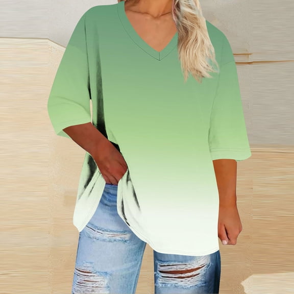 Women's 3/4 Sleeve T-Shirt Summer V-Neck Top Vintage Cotton Basic T-Shirt Green XL