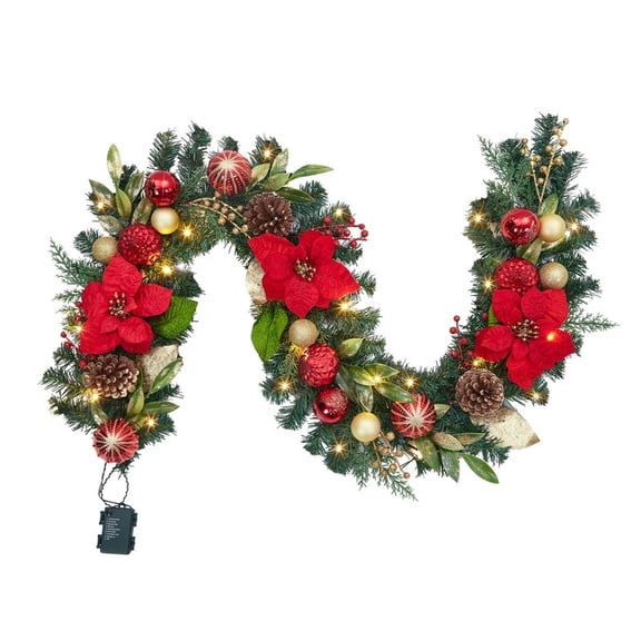 Pre-Lit 6 Ft Red & Gold Christmas Garland with 20 LED Lights for Indoor & Outdoor Holiday Decor