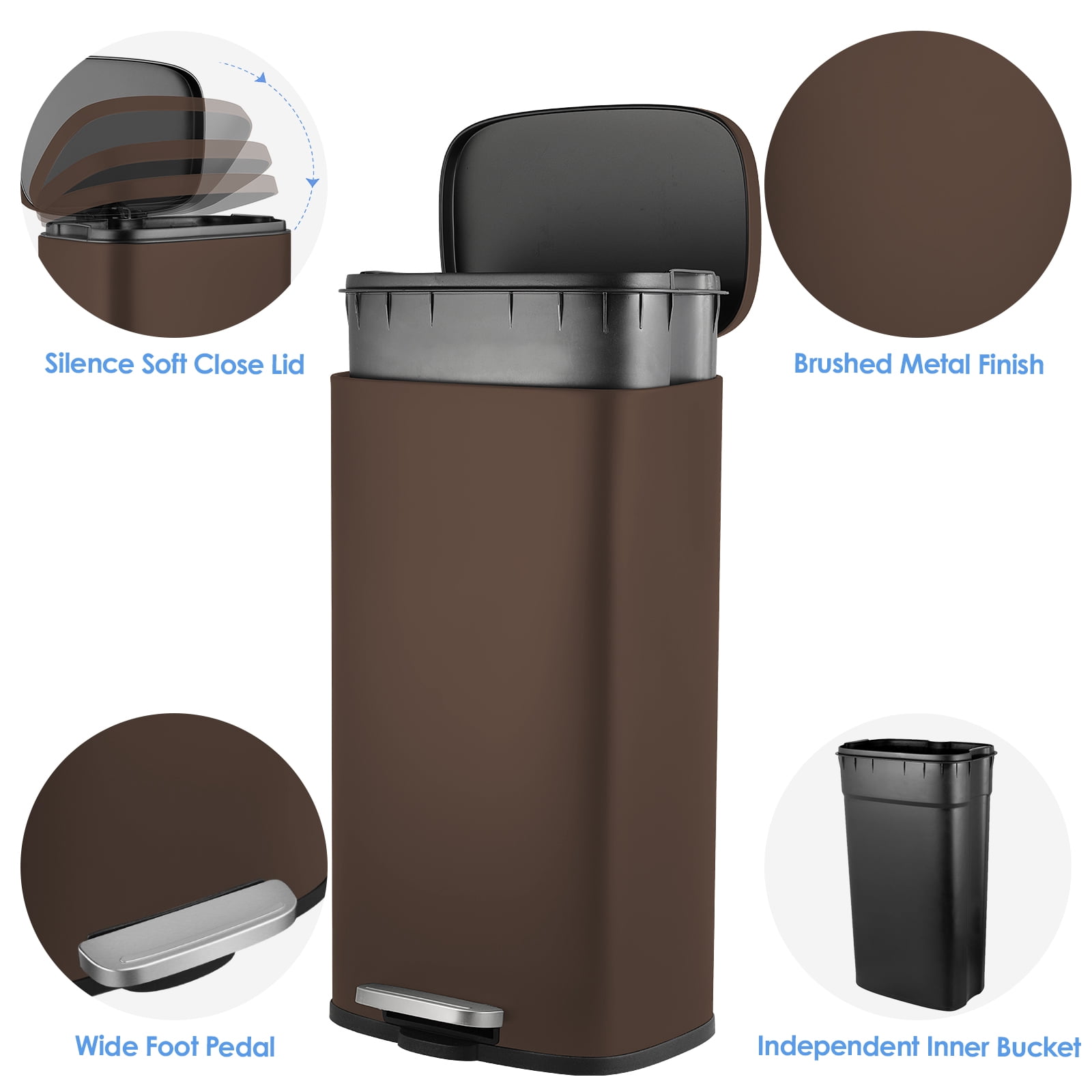 Pirecart 8 Gallon / 30L Kitchen Trash Can with Lid Stainless Steel Home Office Garbage Can, Brown