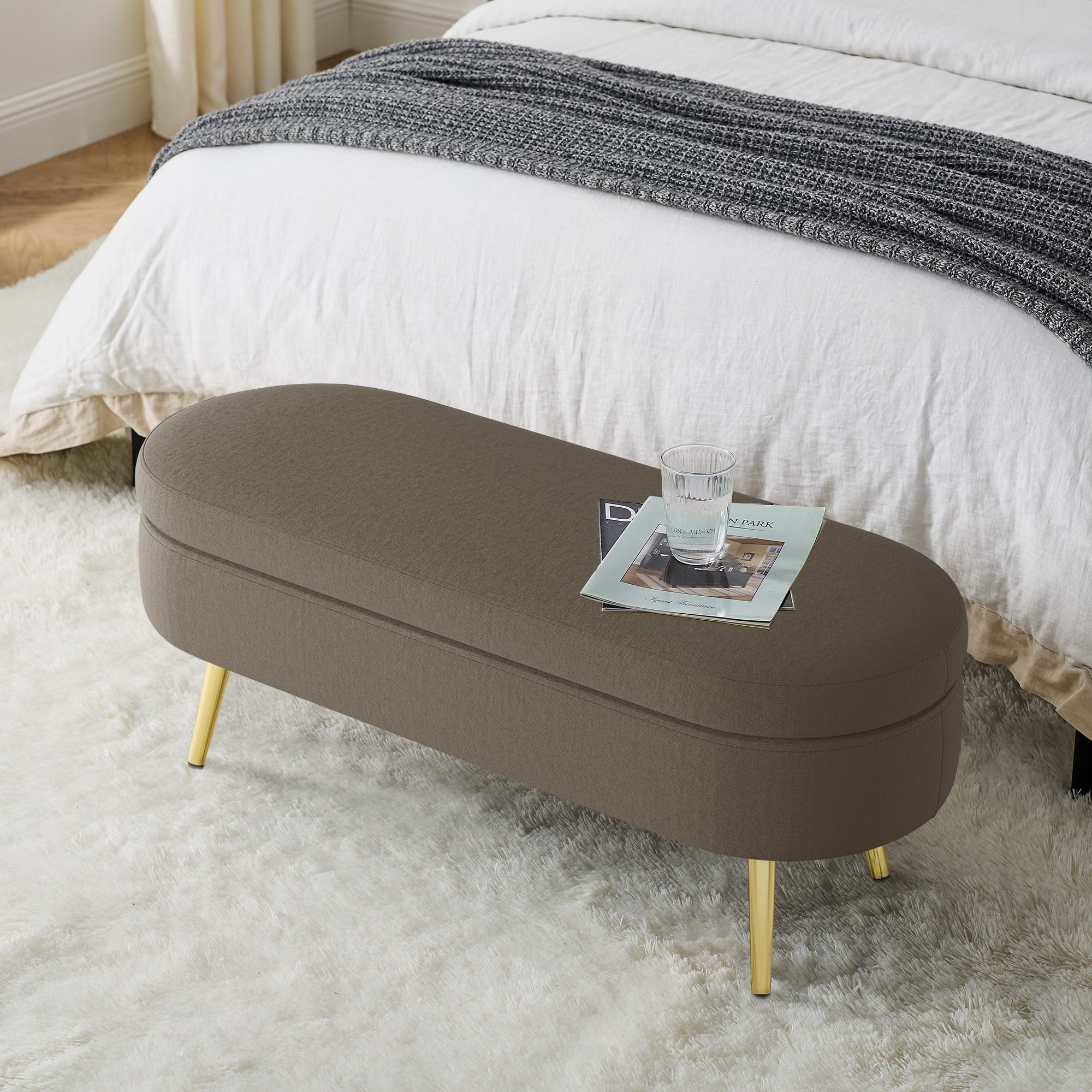Oval Flannel Storage Ottoman Bench, Upholstered Footstool with Metal Legs, 43.5"x16"x16", 250lbs Capacity for Home Decor