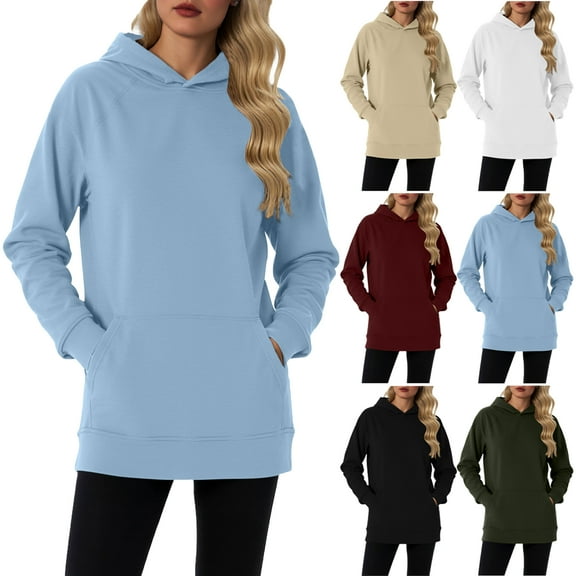 Hoodies for Women Oversized Casual Sweatshirts Pullover Long Sleeve Women's Hoodies Solid Color Cotton Lined Tunic Tops with Front Pockets Plus Size Available S-XXL