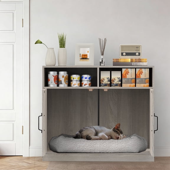 Gray Cat Litter Box Enclosure Multi-Functional Pet Storage Cabinet for Bedroom Living Room