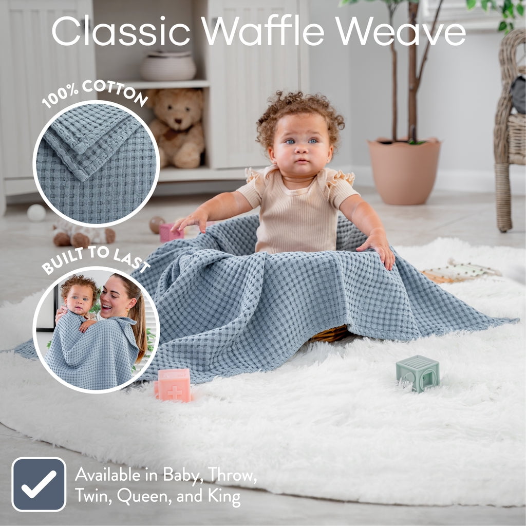 Comfy Cubs Waffle Weave Blanket - 40” x 40” - 100% Cotton Soft, Lightweight Baby Blanket, Pacific Blue