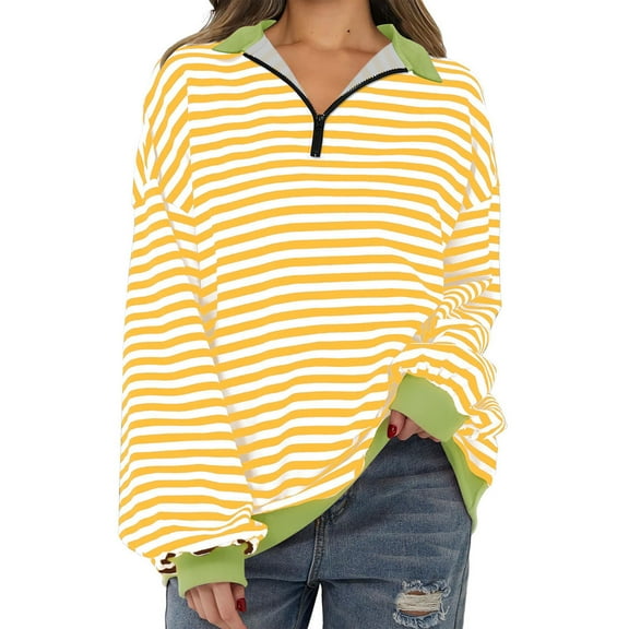 biudgviw Sweatshirts for Women Comfy Striped Print Half Zipped Fall Shirts Soft Long Sleeve Collared Pullover Tops