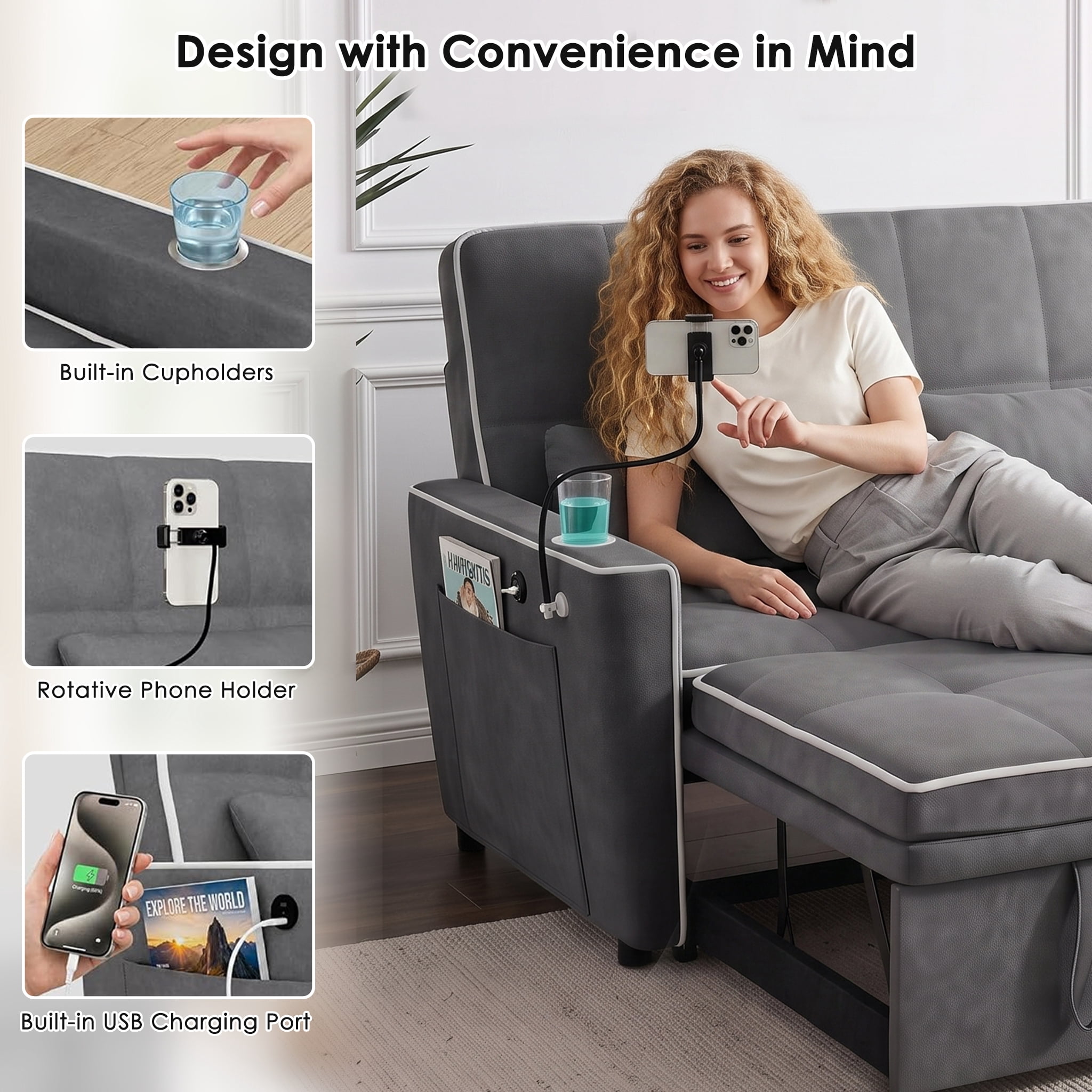 AISWORD 54" Convertible Sleeper Sofa Bed, Pull Out Loveseat Couch with USB Port, Phone Holder & Cup Holder, Adjustable Backrest for Apartment, Living Room, Office, Dark Gray