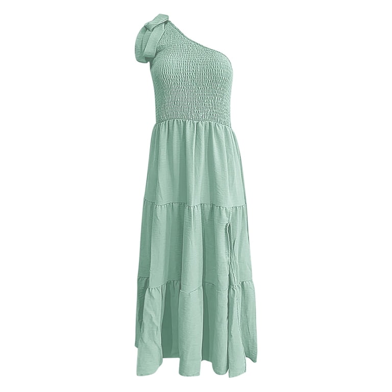 CAICJ98 Women's Summer Dresses One Shoulder Sleeveless Split Tiered Flowy  Dress Knot Smocked Midi Dress Light Green,L - Walmart.com