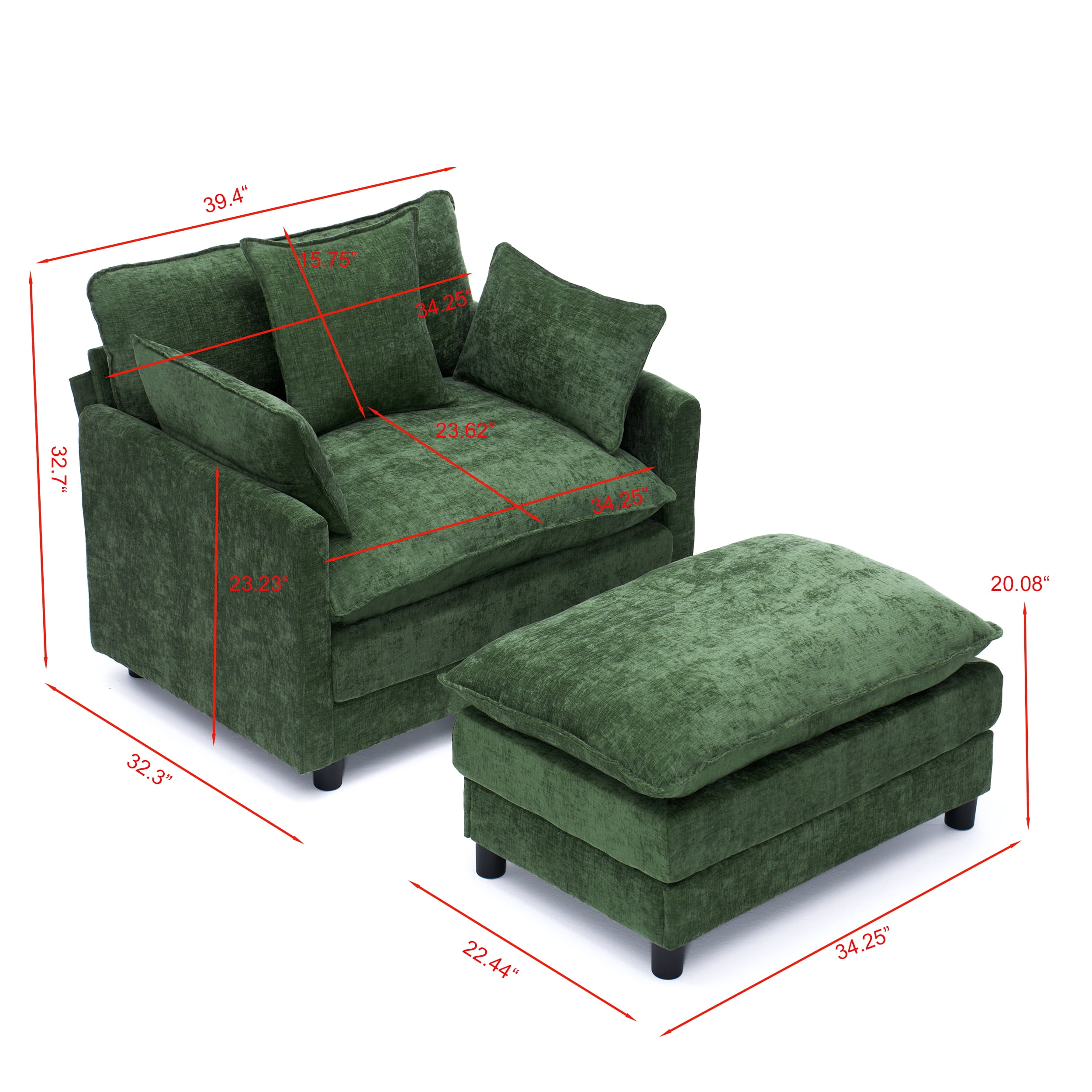 Lunale 54" Oversized Chaise Lounge Chair Indoor with Movable Ottoman, Modern Deep Seat Double-Layer Sleeper Sofa for Living Room, Green Chenille