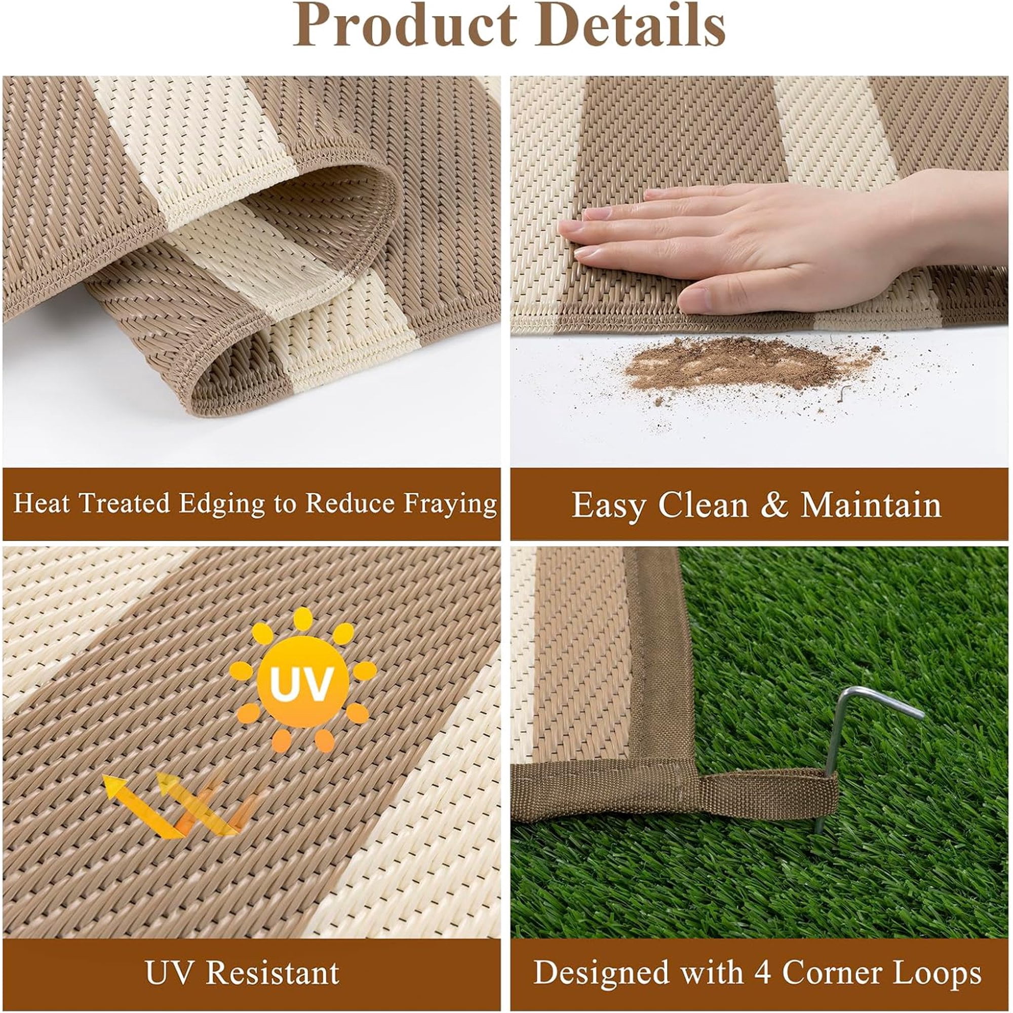 Enyhom Waterproof Outdoor Rug 6'x9', Reversible Striped Patio Rug, Plastic Straw Outdoor RV Carpet for Outsides, Patio, Camping, Balcony, RV and Deck, Brown/Beige