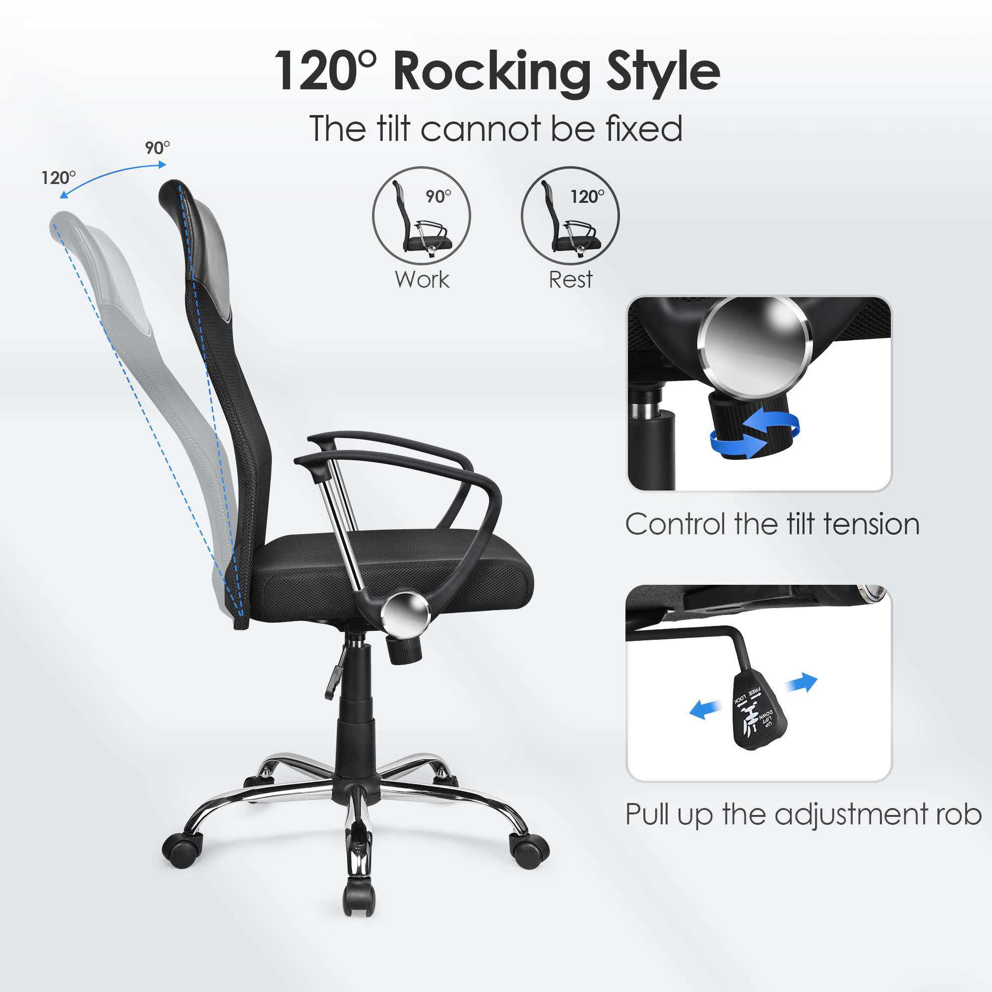 Chaise Bureau Ergonomique Avec Appui-Tête Réglable - Dossier Maille Respirante - Inclinaison 125° - Parfaite Pour Télétravail
