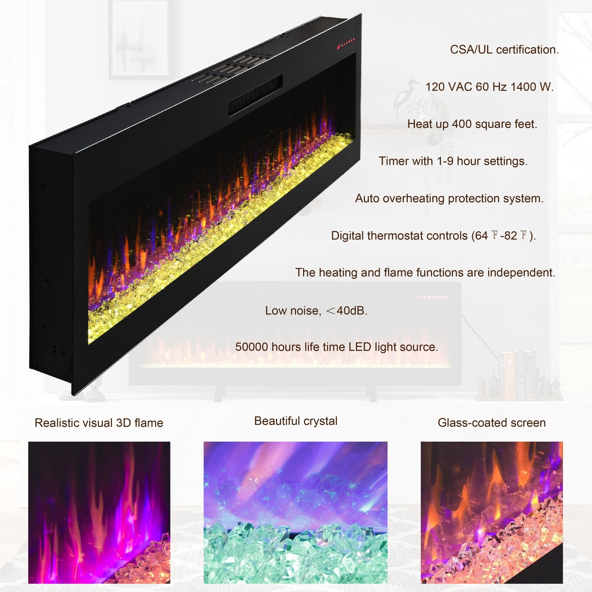 AENKYO 60'' Electric Fireplace with 3D Flame, 16 Color Options, Touch & Remote Control, Wall Mount or Recessed, Black
