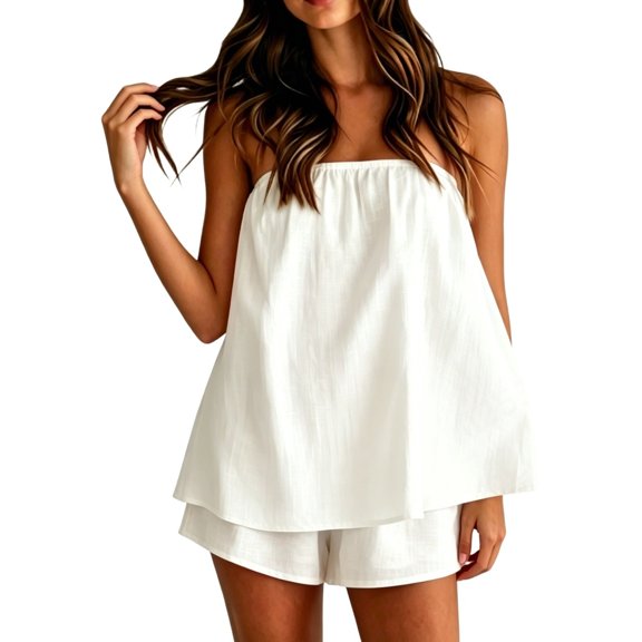 OOOUM Women 2 Piece Matching Outfits Strapless Smocked Top Elastic Waist Shorts Set Light Textured Woven Fabric Solid Color Casual Summer Clothing Set White L