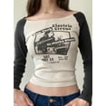 thumbnail image 4 of Yunliwuli Women Long Sleeve Short T-Shirts Letter Vintage Print Boat Neck Shirts Spring Fall Slim Fit Tops Streetwear, 4 of 10