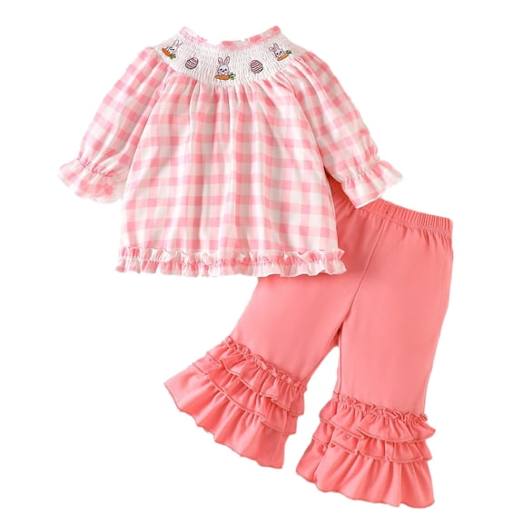 RMGVDSD Toddler Baby Girl Easter Outfits Ruffle Shirts Cartoon Long Sleeve Tunic Tops And Ruffle Pants Set Cute Clothes Stylish Girls Clothing
