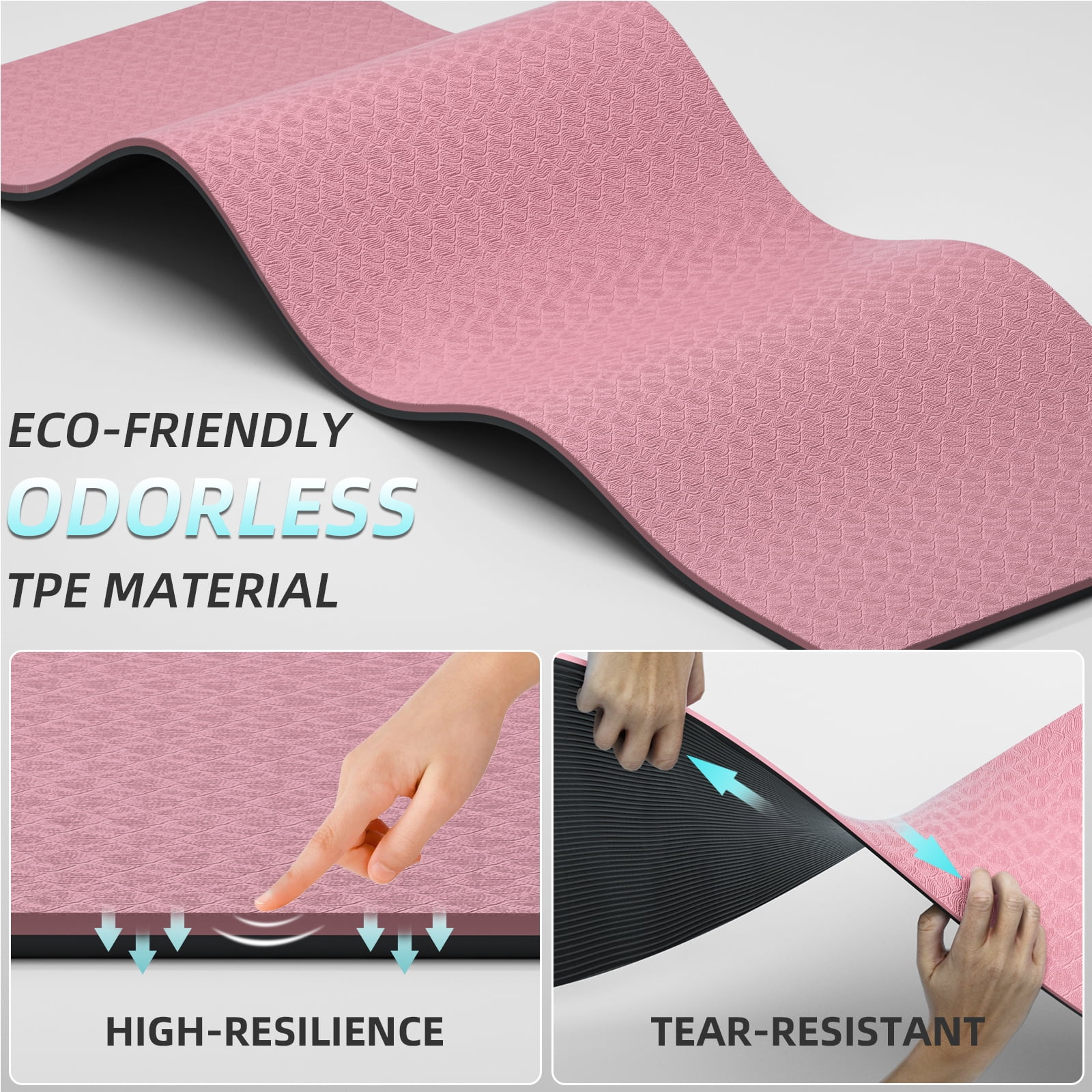 LAMEI Large Yoga Mat Thick Extra Wide And Long, Non-Slip TPE Exercise Mats For Home Workout, Straps For Carrying, Dual-Color in Pink/Black