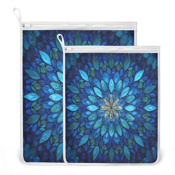 2 Pack Mesh Laundry Bags Blue Glass Leaves Pattern Durable Polyester Wash Bags with Zipper 2 Sizes Reusable Delicates Bag for Washing Machine Travel Storage