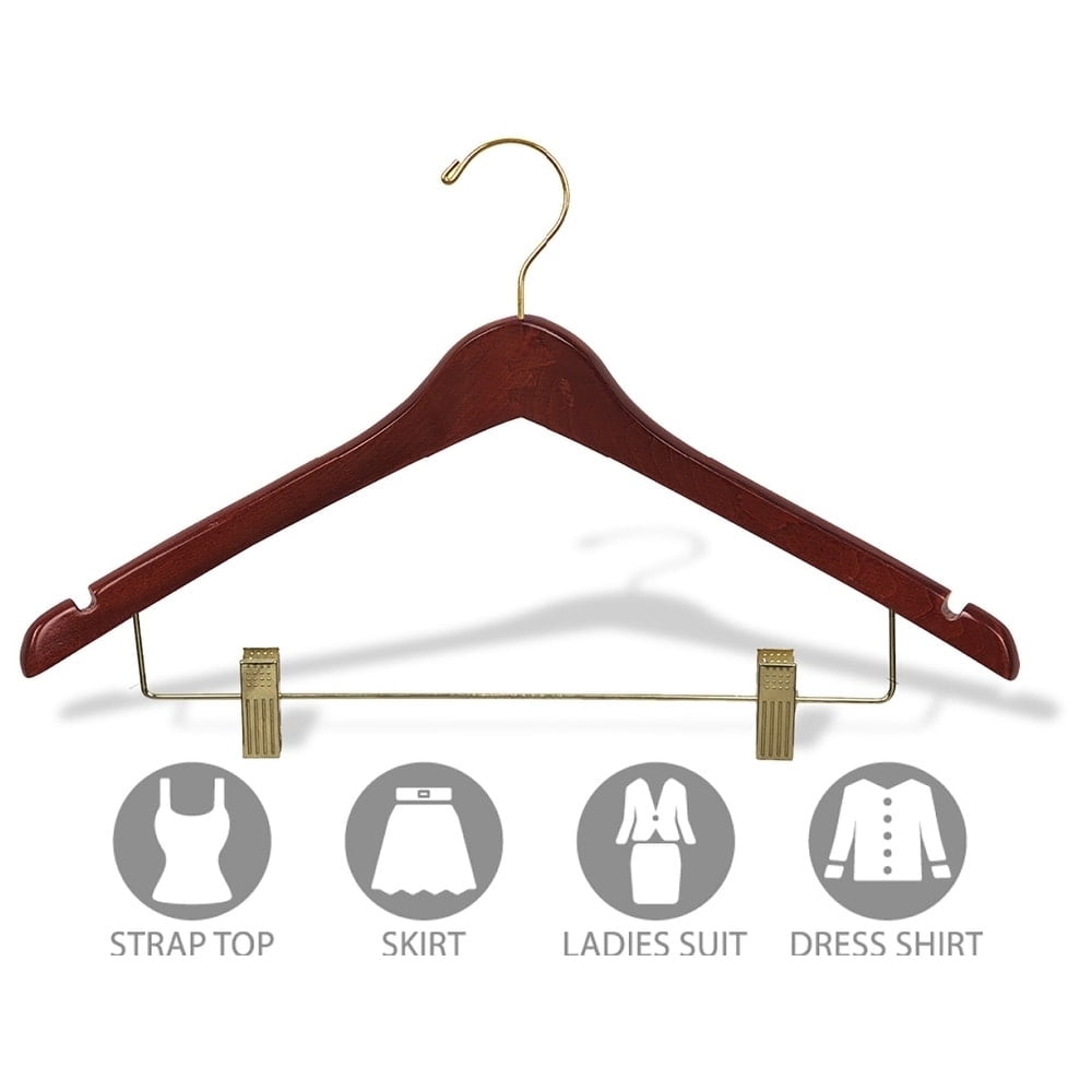 The Great American Hanger Company Curved Wooden Combo Hanger with Walnut Finish and Adjustable Cushion Clips, 1/2 Inch Thick Hangers with Brass Hook &
