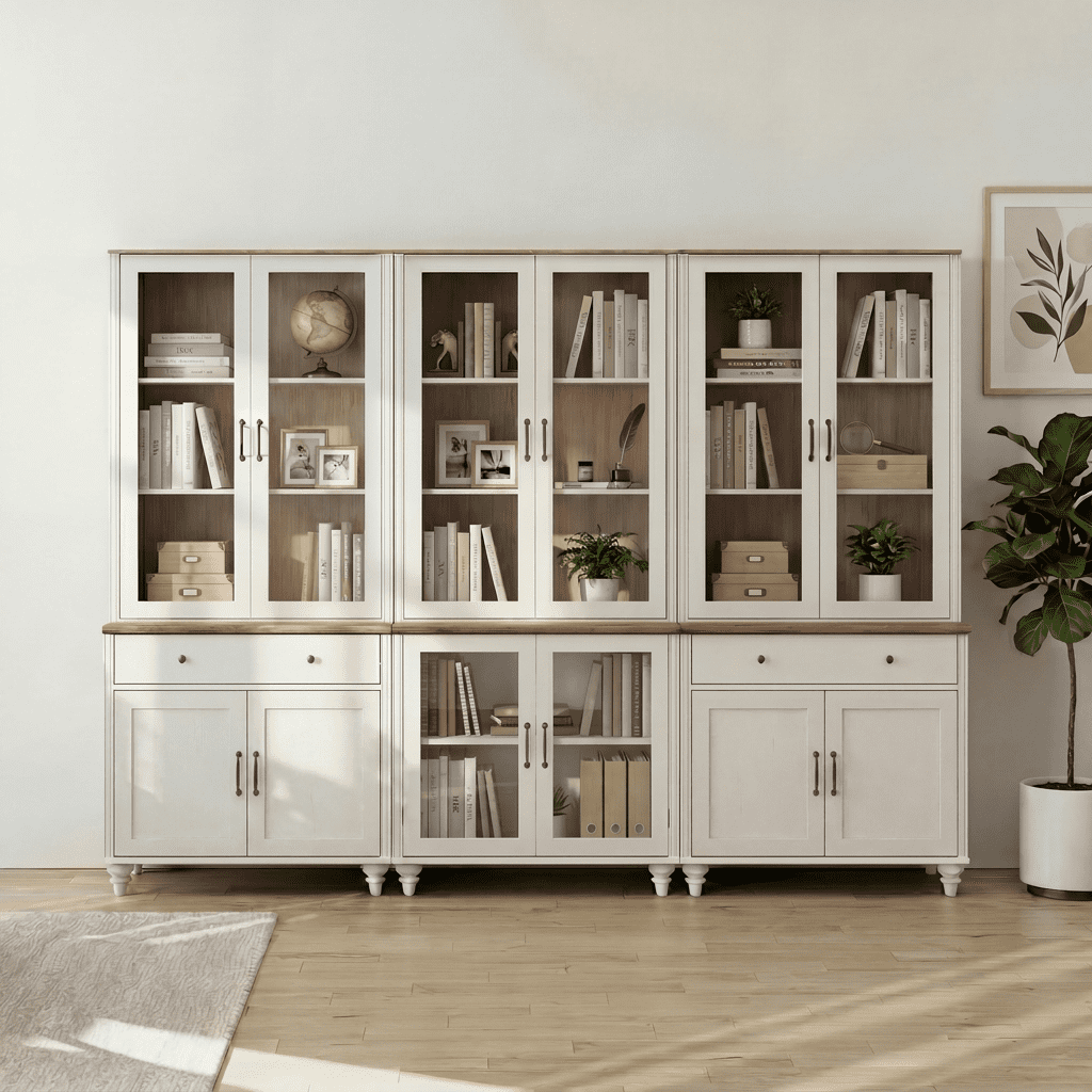 White 5-Tier Bookcase with Glass Doors with Ample Storage Cabinets, Large Library Wooden Bookshelves for Living Room, Office, Kitchen