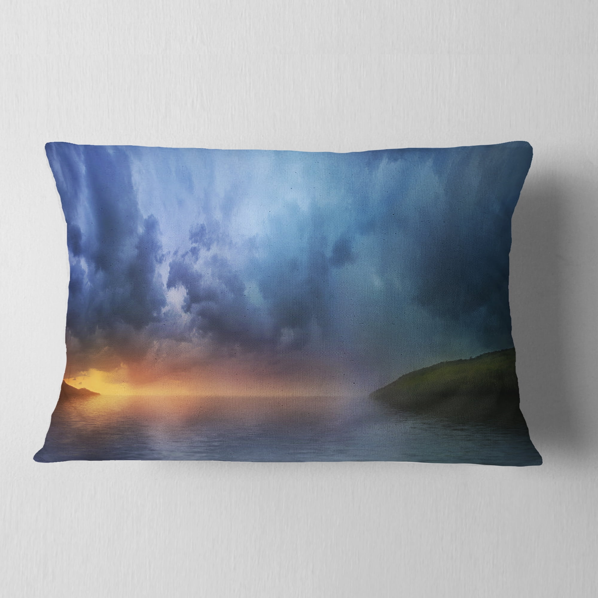 Designart Dense Blue Clouds Over Lake - Skyline Photography Throw Pillow - 12x20