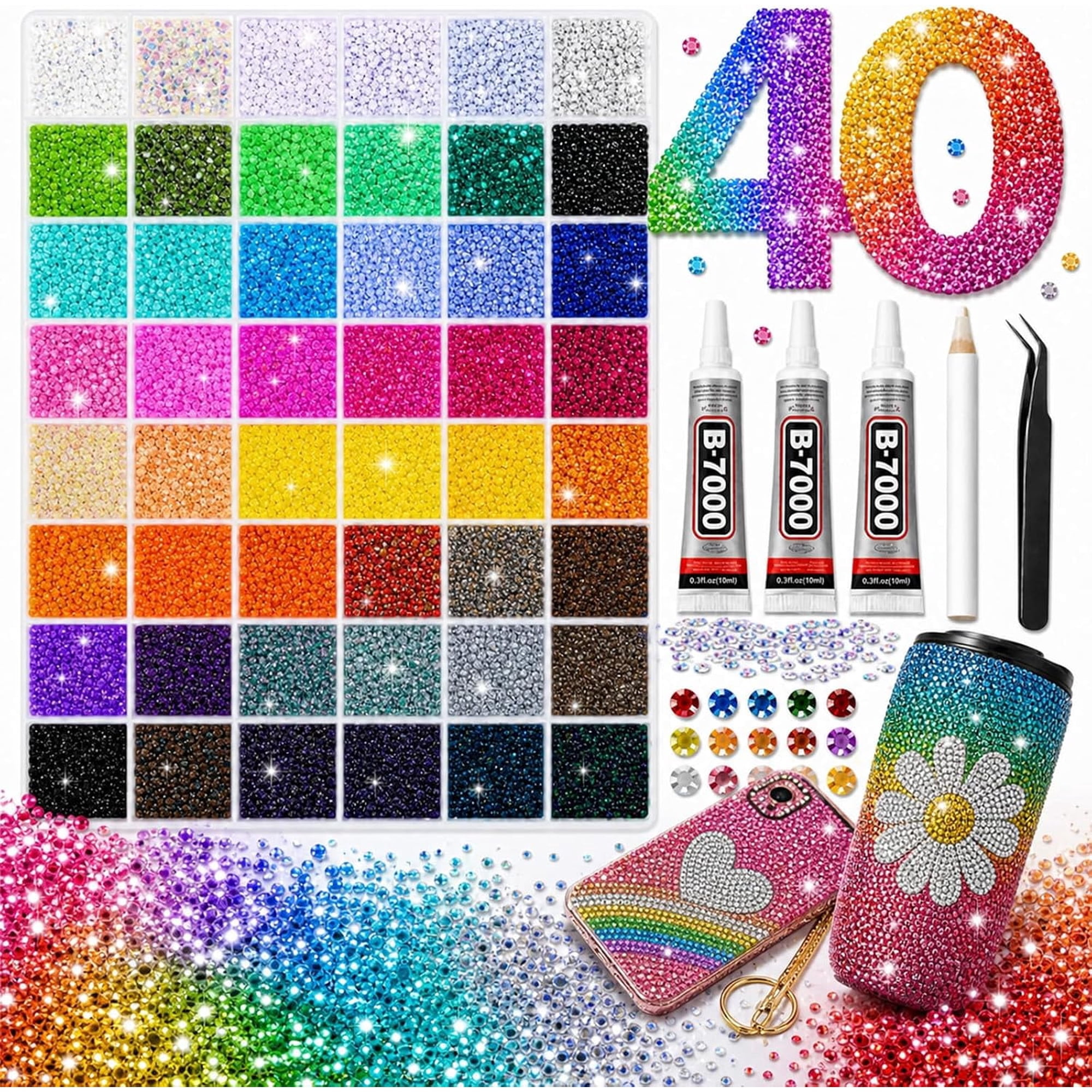 40000 Pcs Resin Jelly Rhinestones Bedazzling Kit, 40 Colors 3mm Flatback Craft Gems with 3 Pcs B7000 Glue, Tweezers & Wax Pen for DIY Nails, Shoes, Tumblers, Clothes & Diamond Art