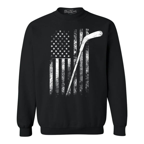 Shop4Ever Men's Distressed Hockey American Flag Patriotic Sports Crewneck Sweatshirt XXXX-Large Black