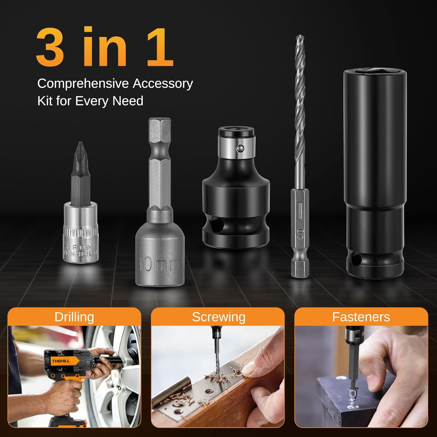 45PCS Cordless Impact Wrench,600Nm(443Ft-lbs),1/2 Inch Brushless lmpact Driver Set,w/Two 4.0Ah Battery,17 Sockets,High Torque Power Impact Gun for Car Home