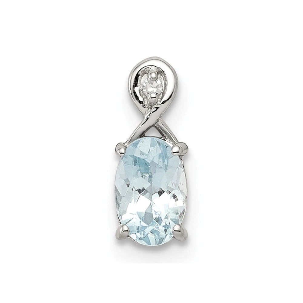 Solid 925 Sterling Silver Diamond and Aquamarine Blue March Gemstone Oval Pendant Charm 10mm x 4mm