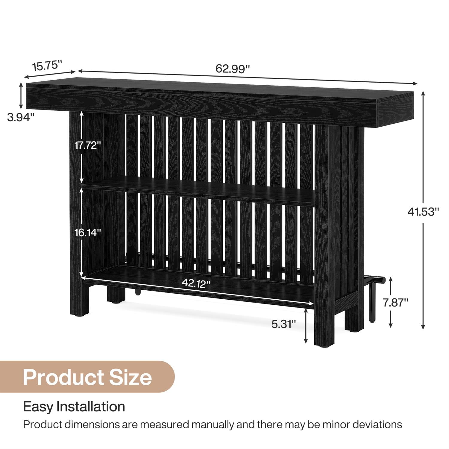 Demi Bonn 62" Home Bar Unit, Modern 2-Tier Bar Table Cabinets with Footrest, Pub Tables for Kitchen, Dining Room, Black