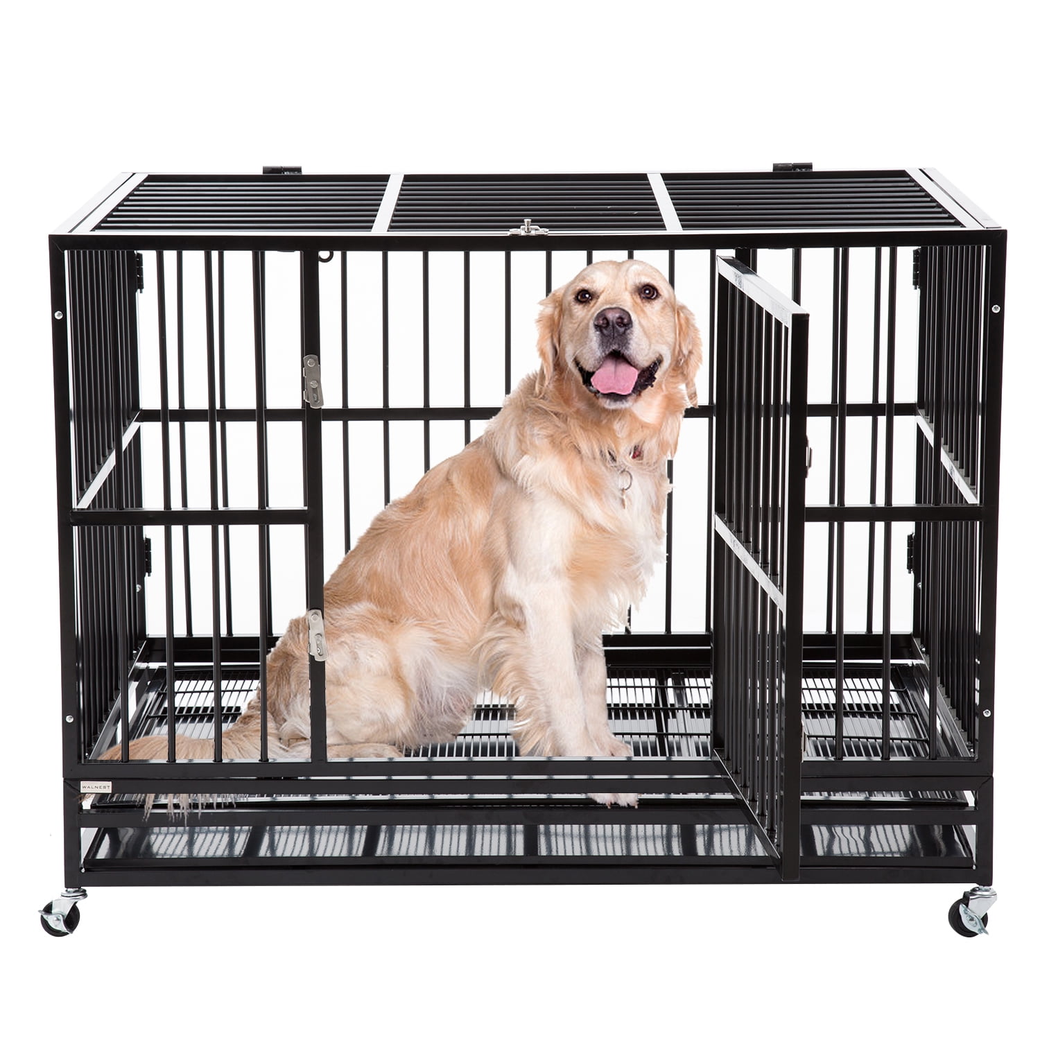 36 42 48 ITORI Heavy Duty Dog Cage-Strong Folding Metal Crate Kennel and Playpen for Medium and Large Dogs with Double Door Tray and Rolling Wheels Two Lock 