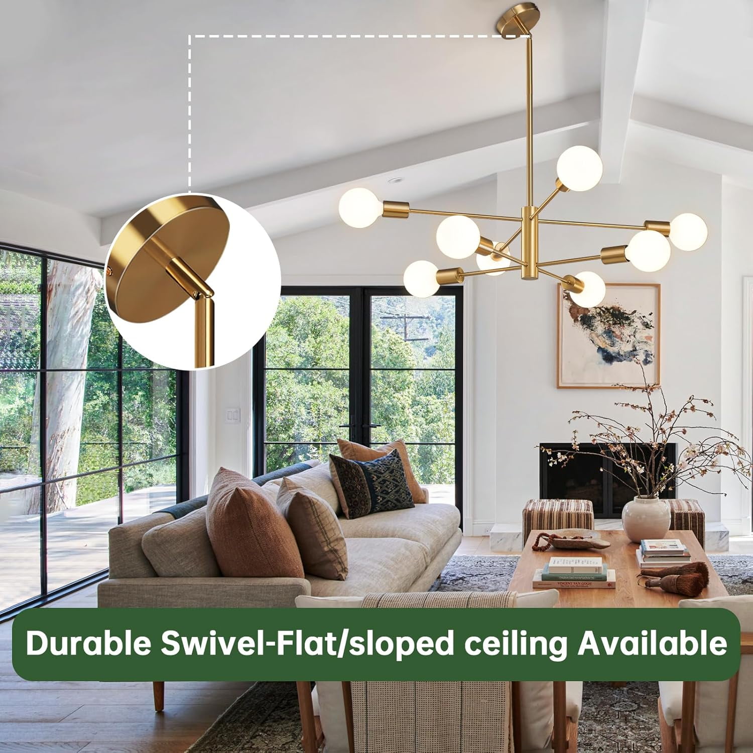 Senhu Modern Sputnik Chandeliers Light, 8-Light Gold Dining Room Chandelier Over Table, Mid Century Ceiling Light Fixtures Height Adjustable Hanging Pendant Lighting for Entryway Foyer