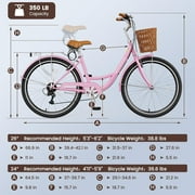 Classic Women Commute Bike with Basket, 24 Shimano 7 Speeds Adult Cruiser Bicycle for Ladies - Hi-Ten Steel Frame - Ideal for Urban Commuting and Beach Rides