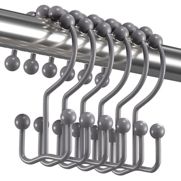 Shower Curtain Hooks Rings, Rust-Resistant Metal Double Glide Shower Hooks for Bathroom Shower Rods Curtains, Set of 12 Hooks - Neutral Gray
