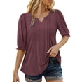 thumbnail image 2 of Lixiuxyad A Plain Colored Casual Top With Puffed Sleeves And A V Neck Five Quarter Sleeve T Shirt For Ladies Dressy Casual,Purple L, 2 of 7
