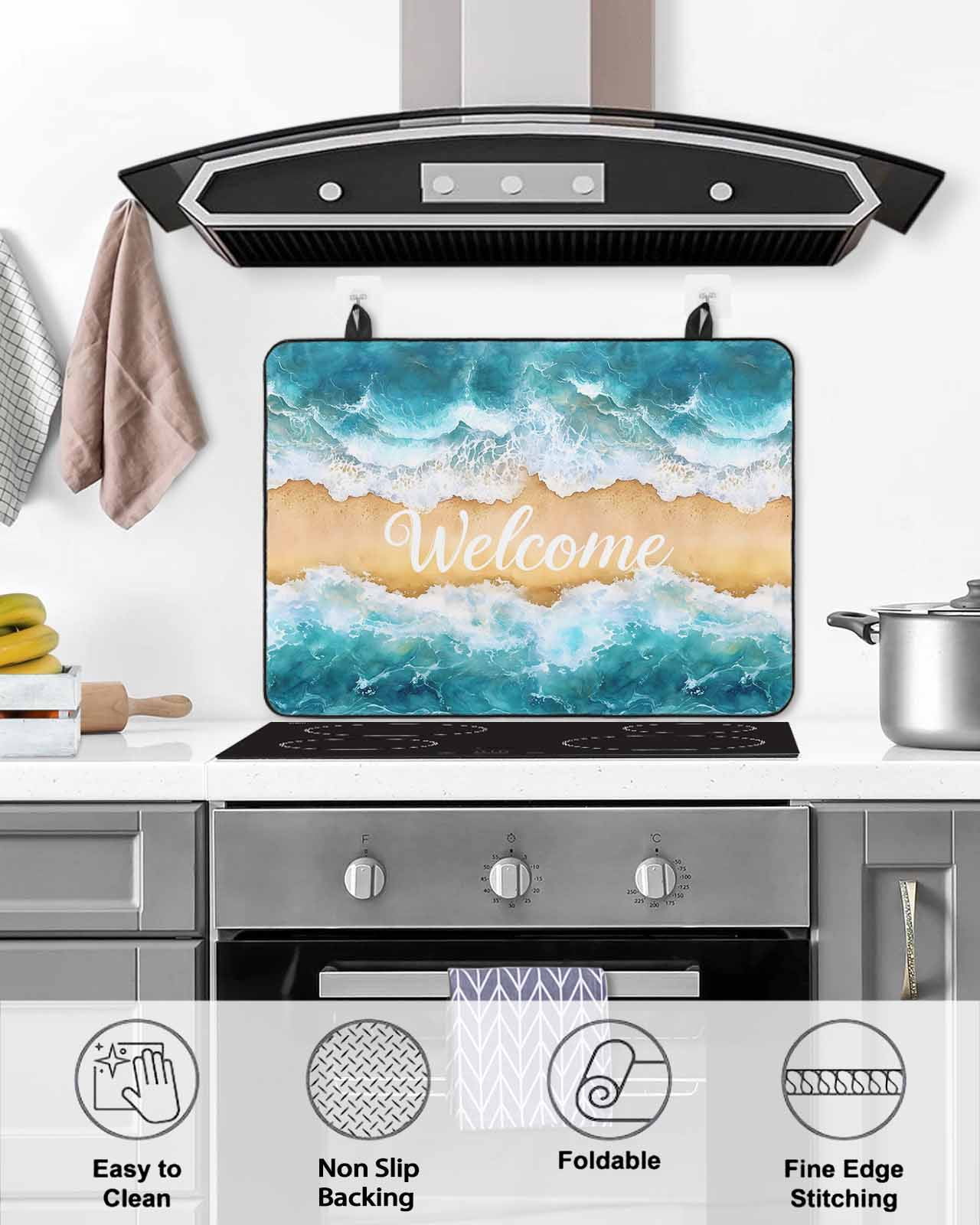 nqOlkjepod Large Induction Cooktop Protector Mat 24"x21", Coastal Beach Stove Top Covers for Electric Stove, Modern Text Summer Ocean Wave Decorative Stove Burner Cover Mats, Glass Top Stove Cover