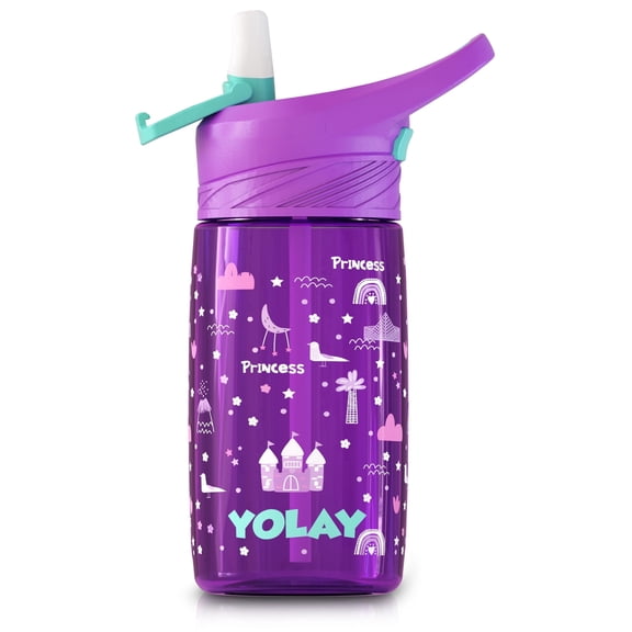 YOLAY 15oz Kids Water Bottle For School Boys and Girls, Water Bottle with Straw Lid Leak-Proof, Spill Proof, Easy Clean and Dishwasher Safe with Re-Usable and BPA Free - Princess