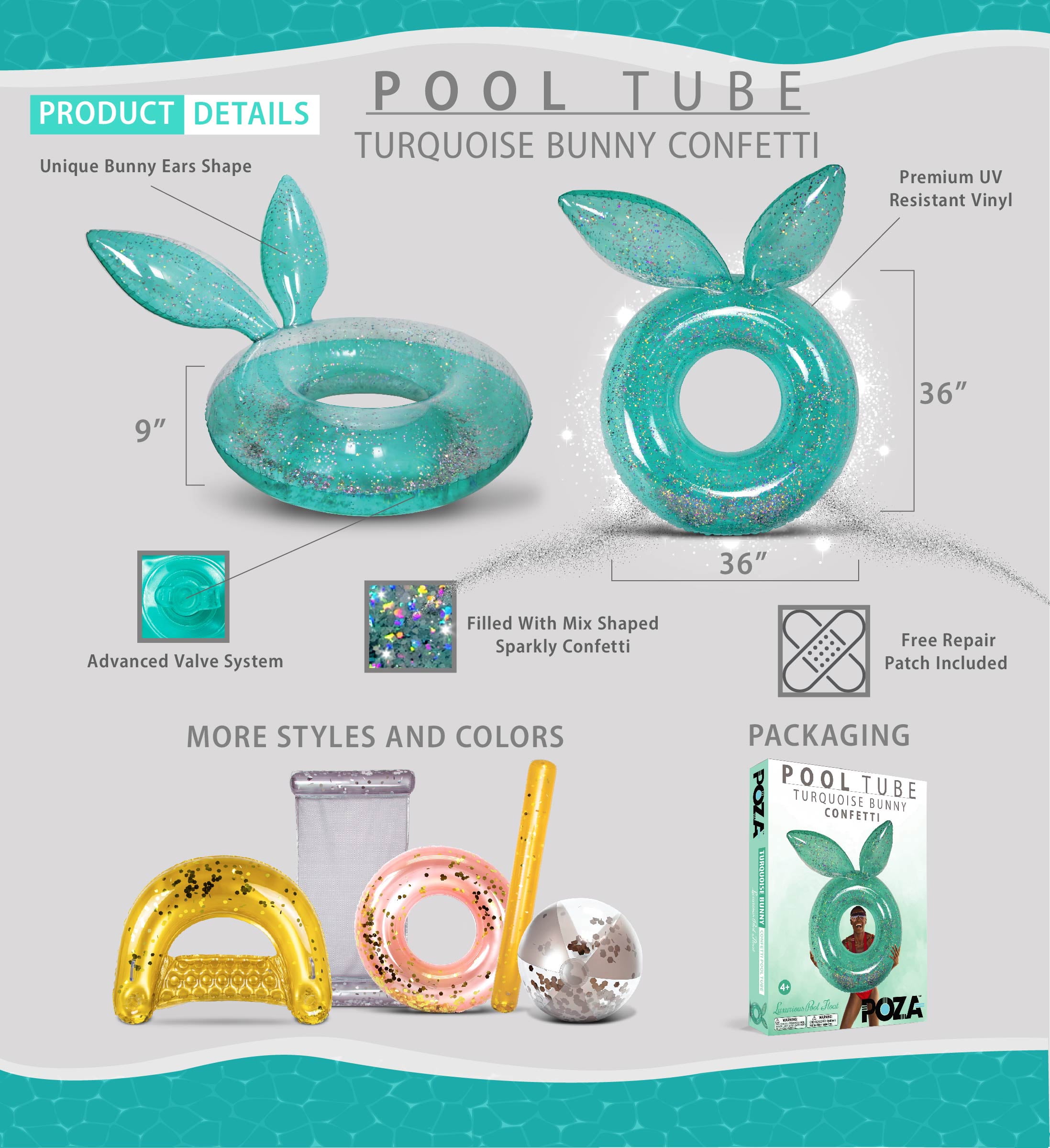 Lake & Pool POZA Inflatable Bunny Pool Float Tube Cool Design Bunny Ears Water Swimming Ring Pool Floaties for Beach Luxurious Fun Lounger Filled with Sparkle Silver Confetti 36 Inch 